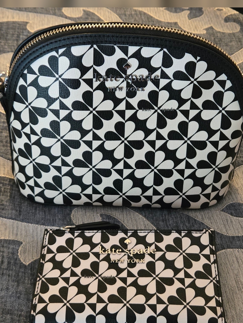 Kate Spade Black & White Floral Tile Dome Crossbody with mini wallet.